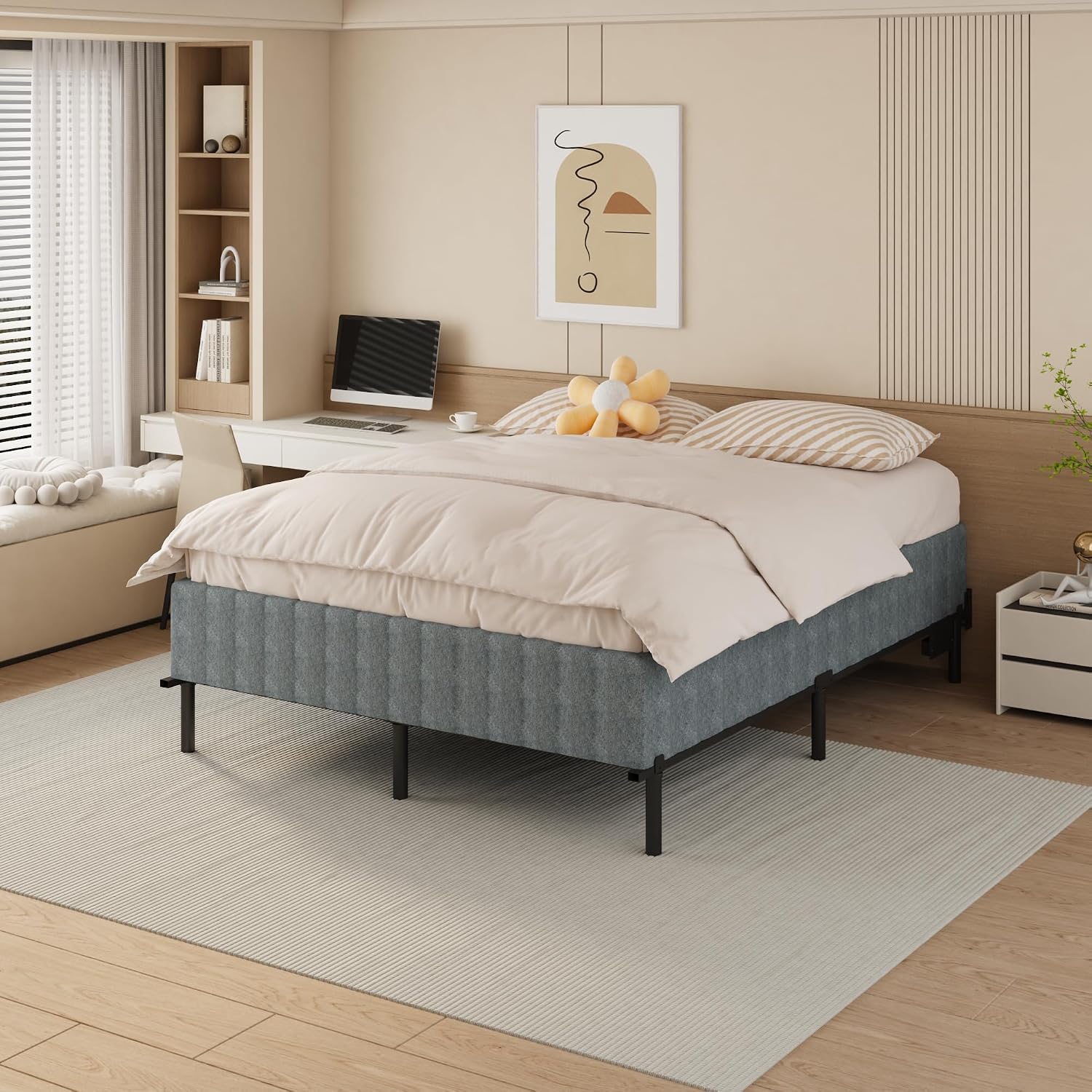 NHODIR 9 Inch Box Spring Queen Size Bed Base, Heavy Duty Metal Queen Mattress Foundation with Upholstered Fabric Cover, Noise Free, Easy Assembly, Black