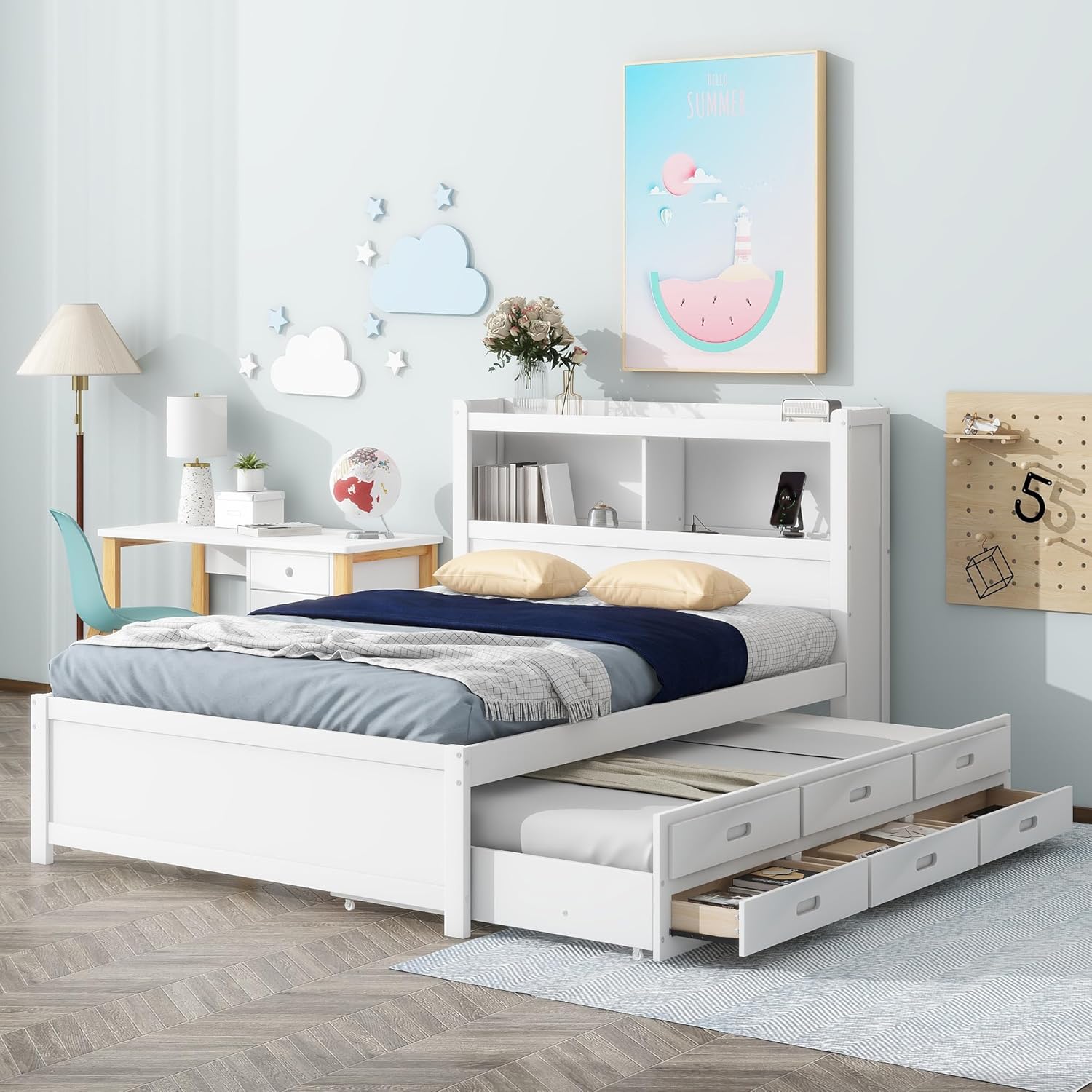 SOFTSEA Full Trundle Bed Frame with Storage Headboard Wood Platform Bed Frame with Trundle and USB Plugs