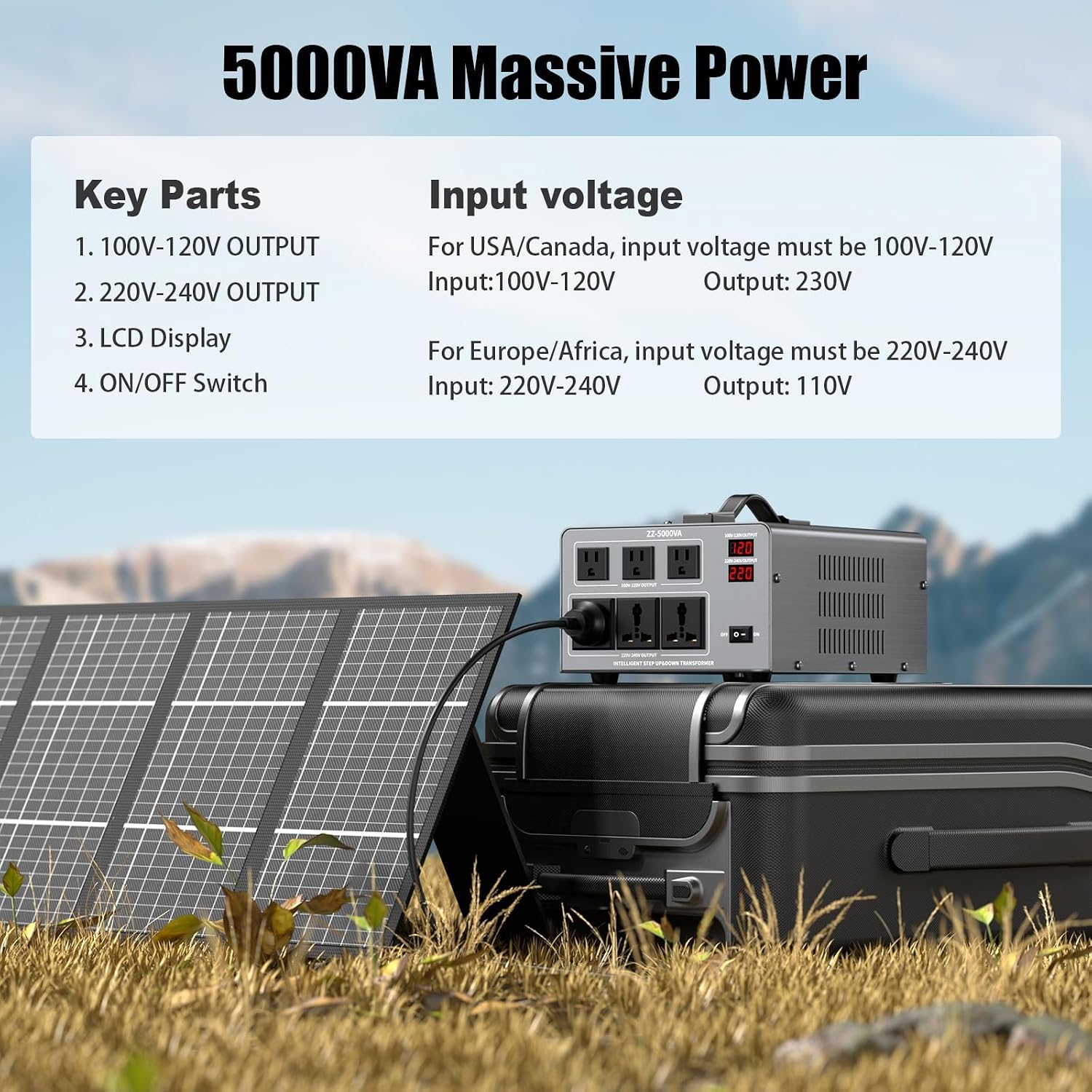 5000W Voltage Auto Converter Transformer, Heavy Duty Step Up/Down Power Converter 110/120/220/240V with 3 US Outlets,3 Universal Outlets,LED Display,w/US Standard Power Cord Circuit Breaker Protection