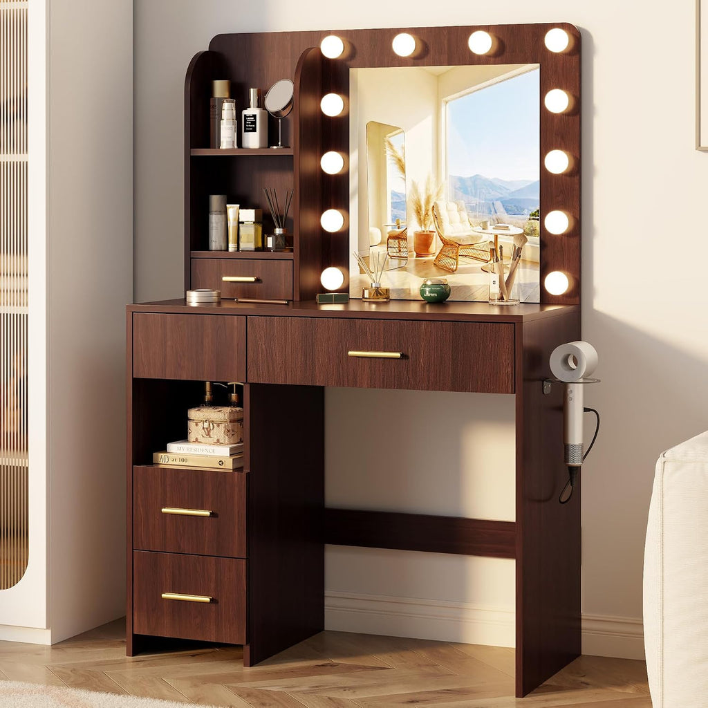 Otterease Vanity Desk with LED Lighted Mirror&Power Outlet, 3 Lighting Colors Makeup Vanity with 5 Large Drawers and 3 Storage Shelves, White Vanity with Storage Stool for Bedroom (Walnut(no Stool))