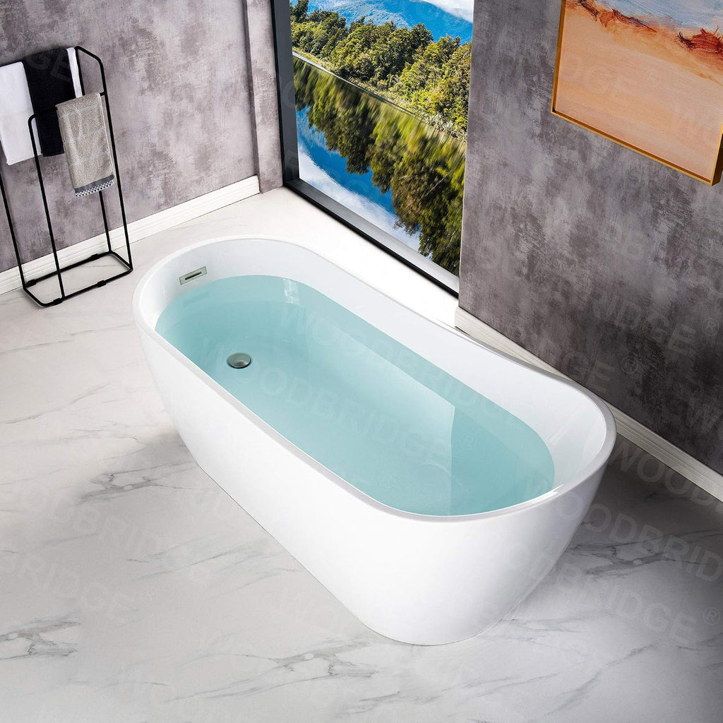 WOODBRIDGE 67'Freestanding White Acylic Soaking Bathtub with White Pillow,Drain and Overflow in Brushed Nickel,BTA1508 -B/N-Drain &O+ Pillow