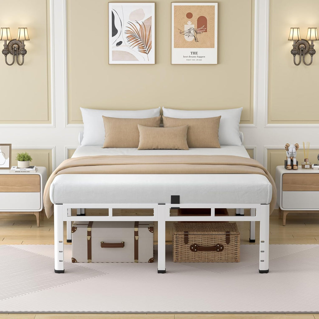 NKZ 22 Inch Queen Size Bed Frame, Metal Bed Frame & Box Spring 2 in 1 Platform with Round Corner Legs, 4000Lbs Heavy Duty Metal Frame, Mattress Slide Stopper, Headboard Hole, Noise-Free, Easy Assembly