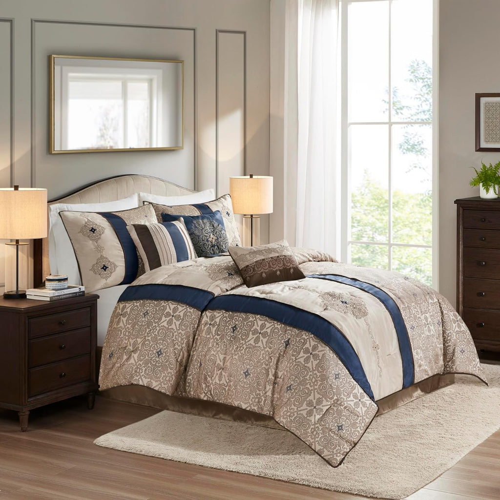 Madison Park Comforter Faux Silk-Traditional Luxurious Jacquard Design All Season Set, Matching Bed Skirt, Decorative Pillows, Queen(90'x90'), Navy 7 Piece