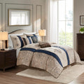 Madison Park Comforter Faux Silk-Traditional Luxurious Jacquard Design All Season Set, Matching Bed Skirt, Decorative Pillows, Queen(90'x90'), Navy 7 Piece