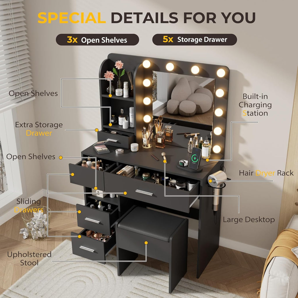 Otterease Vanity Desk with LED Lighted Mirror&Power Outlet, 3 Lighting Colors Makeup Vanity Desk with 5 Large Drawers and 3 Storage Shelves, Black Vanity with Storage Stool for Bedroom