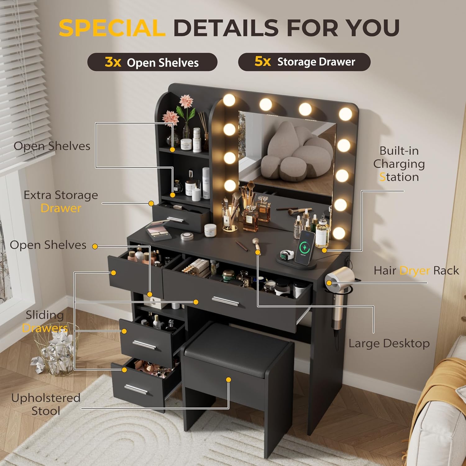 Otterease Vanity Desk with LED Lighted Mirror&Power Outlet, 3 Lighting Colors Makeup Vanity Desk with 5 Large Drawers and 3 Storage Shelves, Black Vanity with Storage Stool for Bedroom