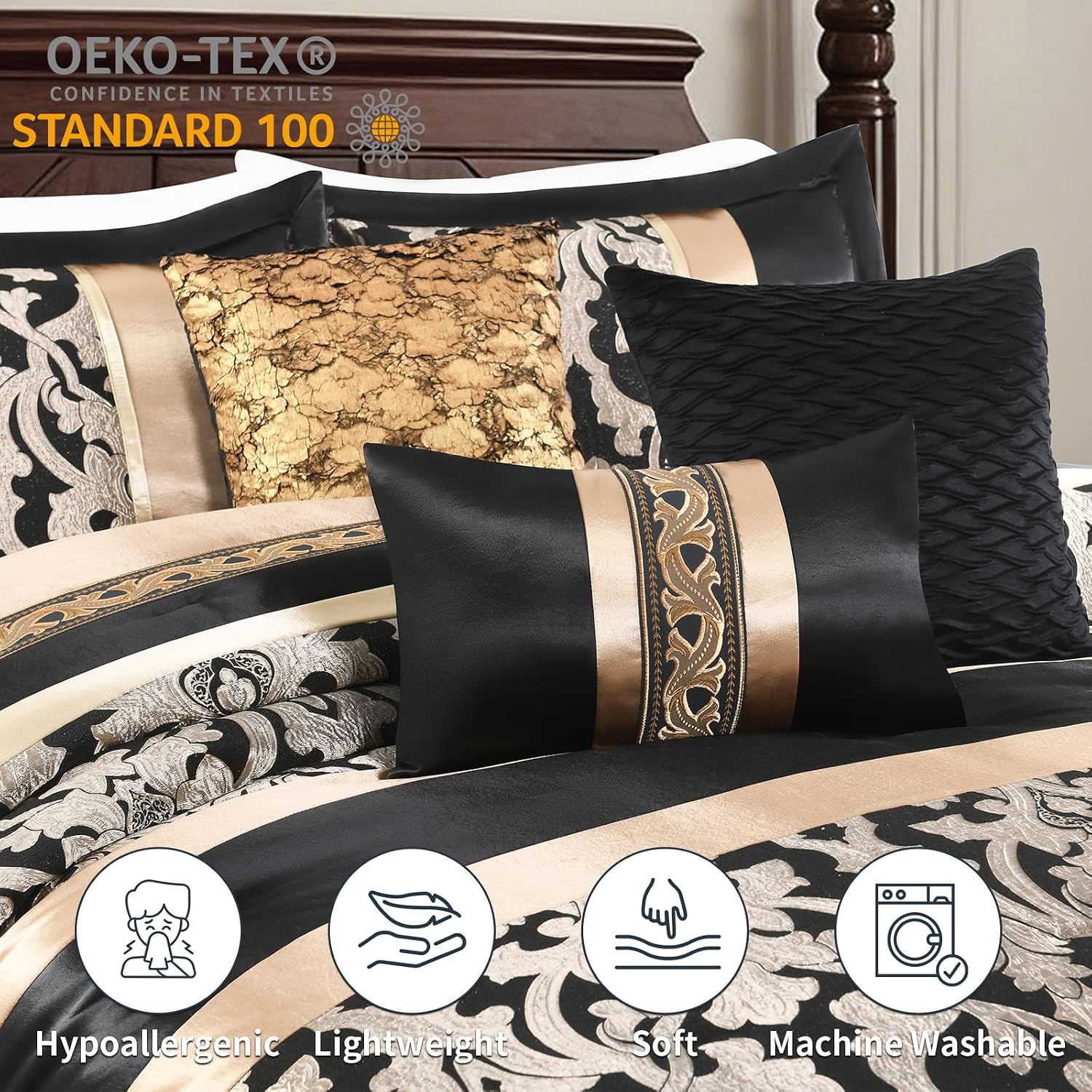 SahSahCasa 7-Piece Luxury King Comforter Set, Bed in a Bag King, Black and Gold Fluffy Jacquard Silky Comforter Bedding Set with Bed Skirt, Decorative Pillows, Elegant Reversible, Down-Alternative