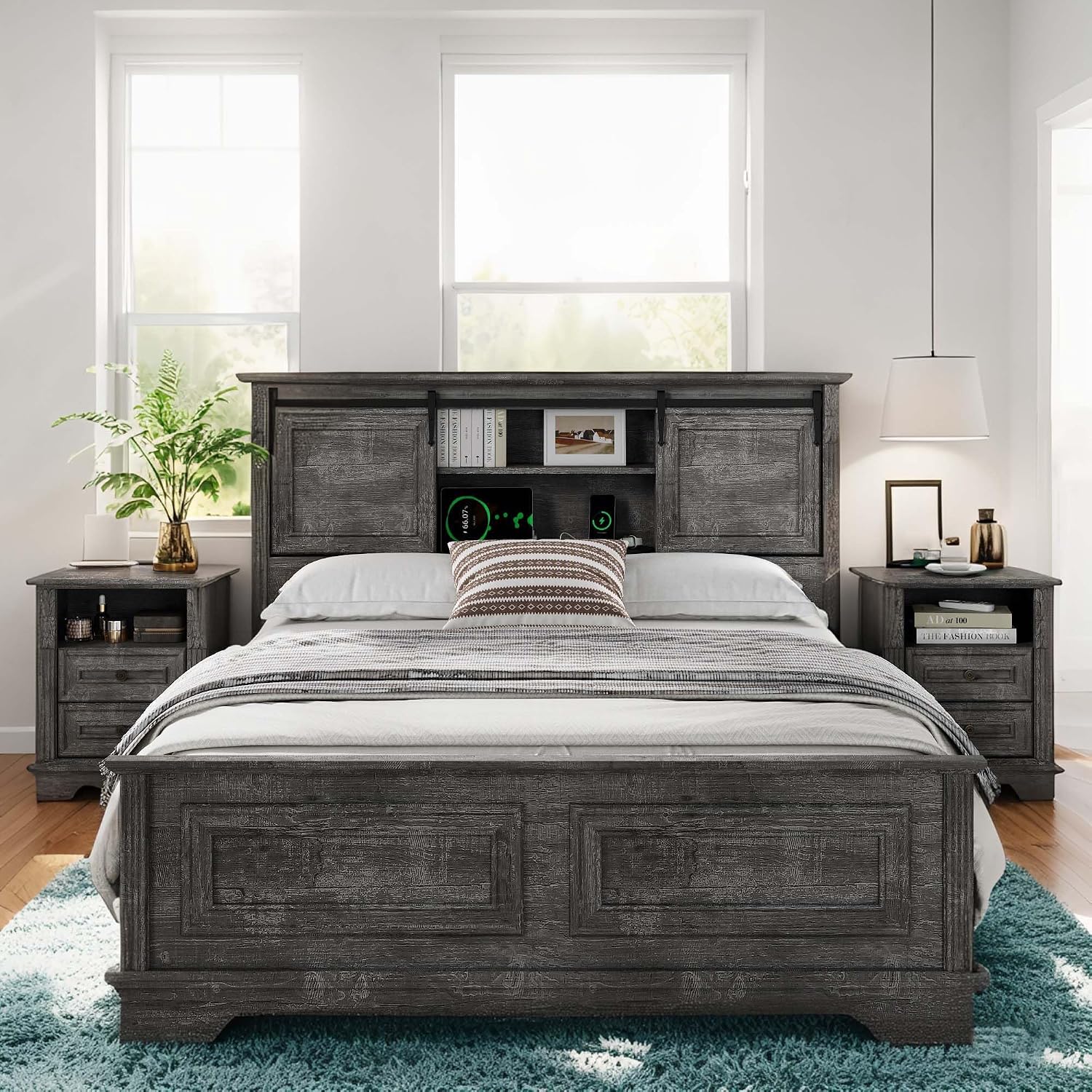 BOSHIRO Farmhouse Queen Size Bed Frame with Storage Bookcase Headboard, Bed Frame Wood Platform w/Charging Station, Bracket Footboard, 2 Large Sliding Barn Doors, No Box Spring Needed - Light Gray