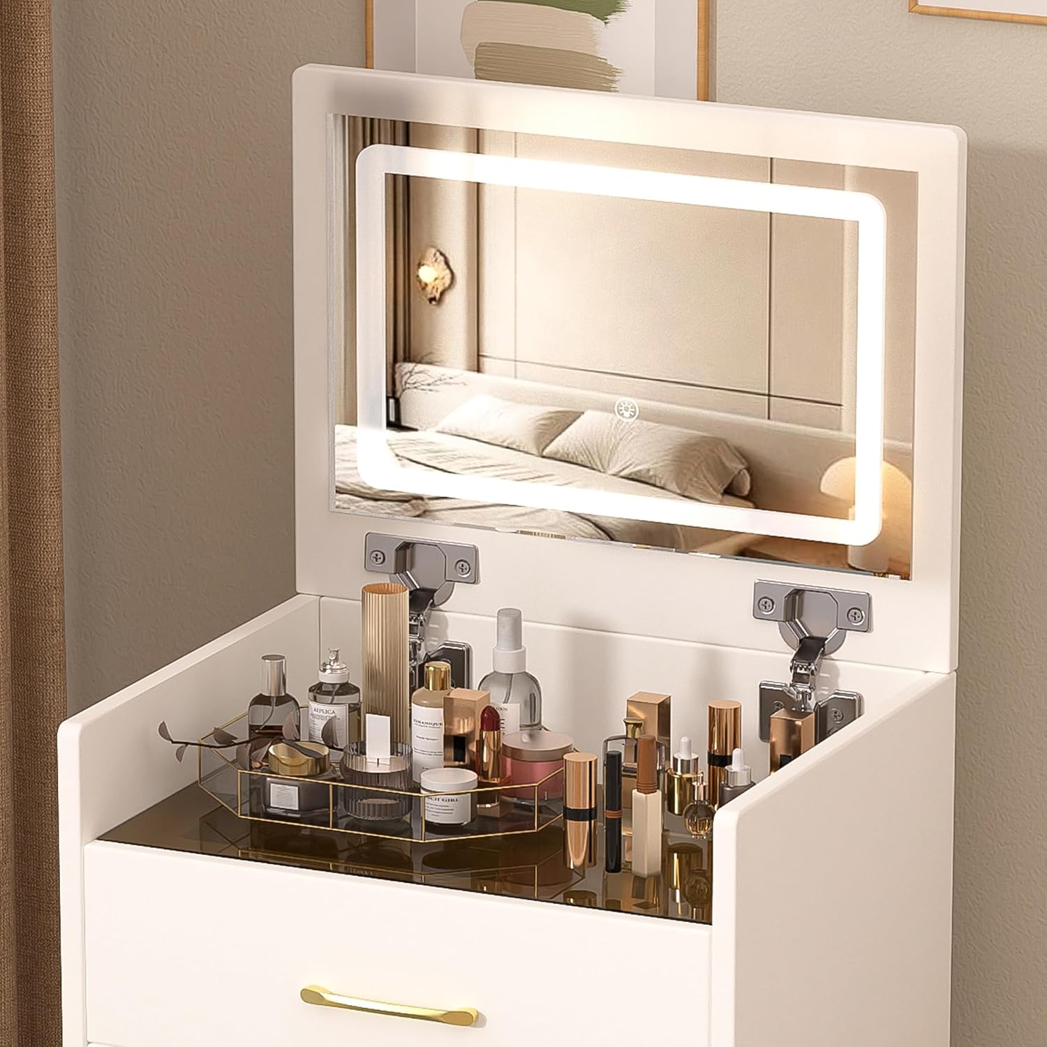 3 in 1 Vanity Desk with Plip Top Mirror and Lights,Small Make Up Vanity Set with Visible Glass Desktop,Compact Makeup Vanity with 3 Drawers,Dressing Table for Bedroom,White