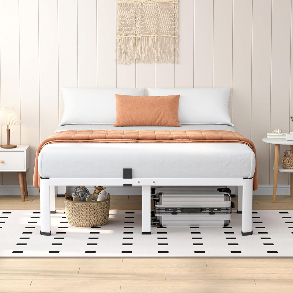 VIPSHOW 14 Inch White Queen Heavy Duty 3500 lbs Bed Frame with Round-Corner Legs & Anti-Squeak Design – Quick Assembly Metal Platform, No Box Spring Needed