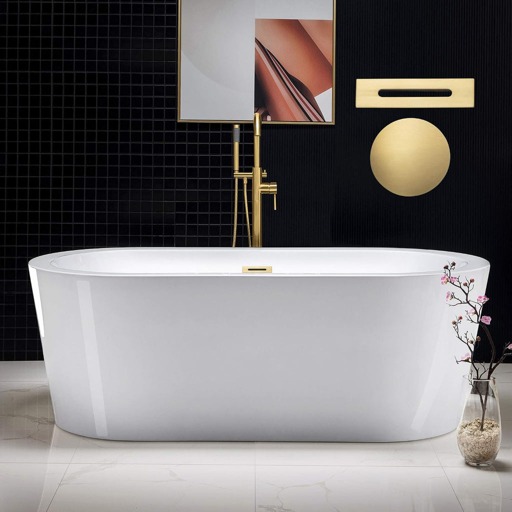 WOODBRIDGE 67' Acrylic Freestanding Bathtub Contemporary Soaking White Tub with Brushed Gold Overflow and Drain，B0002 -BG-Drain &O