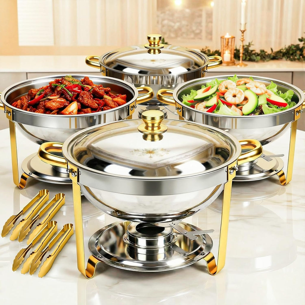 ALSO GO Round Chafing Dishes for Buffet with 4 Serving Tongs, 4 Pack 6QT Chafing Dishes Buffet Set, Golden Stainless Steel Catering Food Warmer for for Party, Gathering, Banquet, Wedding