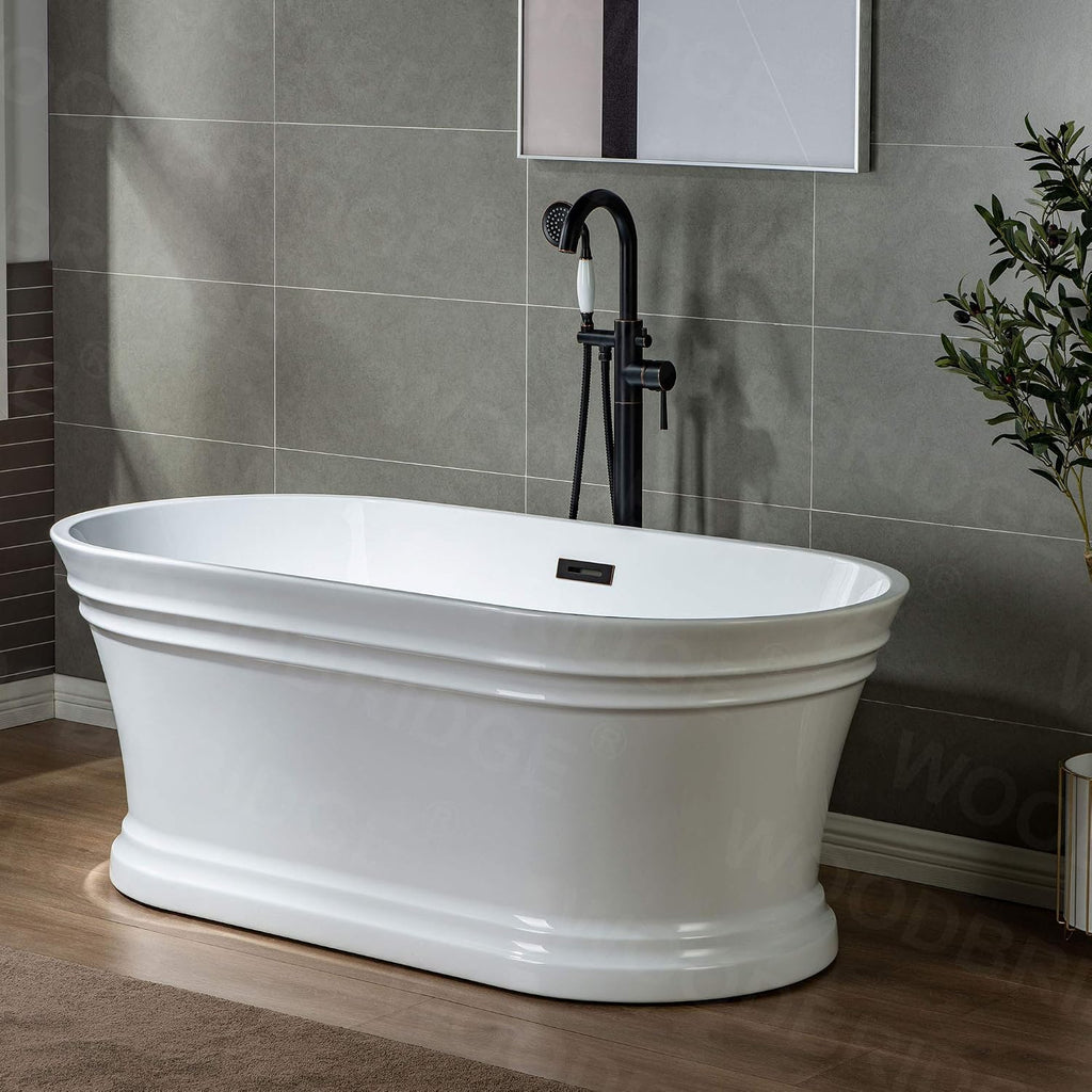 WOODBRIDGE 59'Freestanding White Acylic Soaking Bathtub with White Pillow,Drain and Overflow inORB,BTA1536 -ORB-Drain &O+ Pillow
