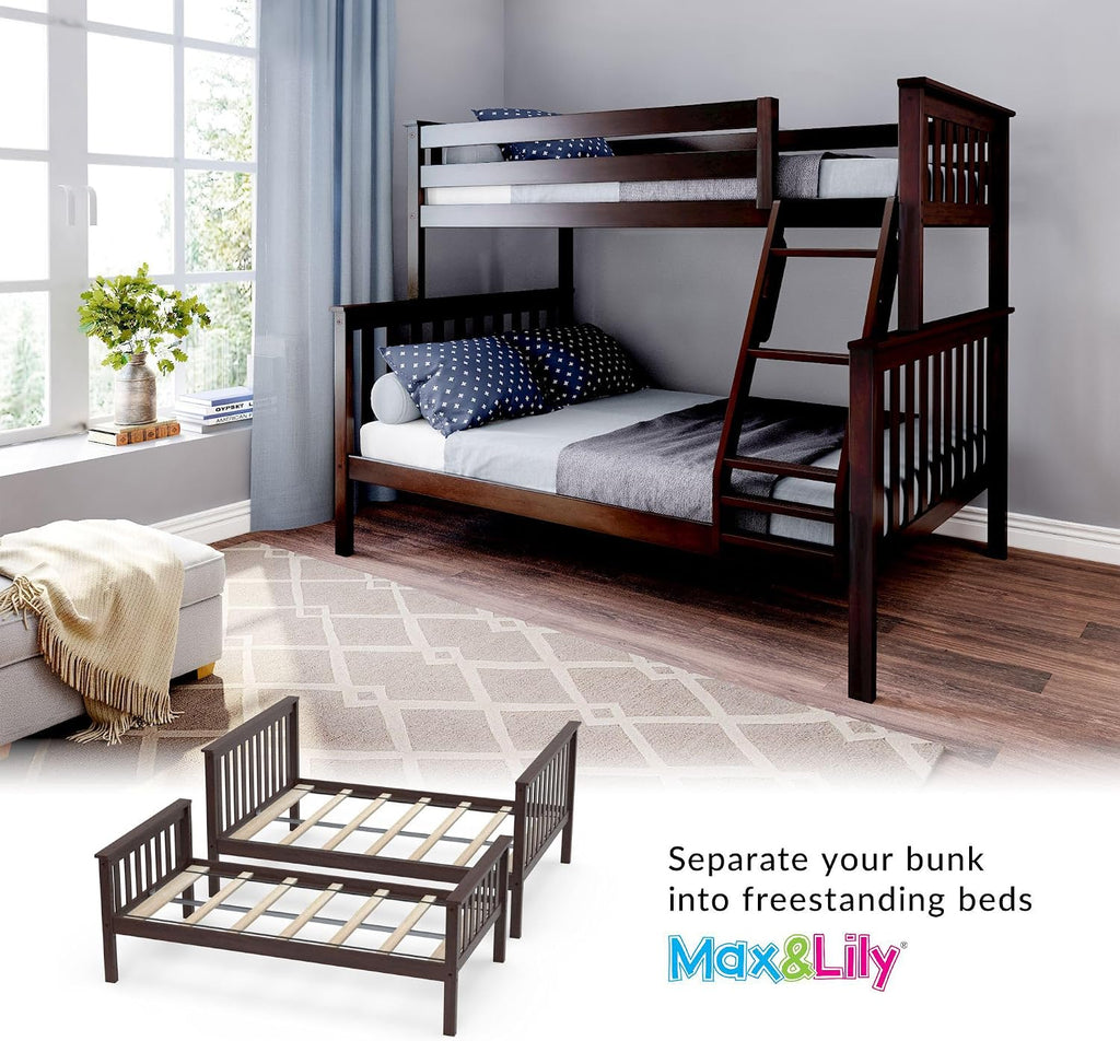 Max & Lily Bunk Bed Twin Over Full Size with Ladder, Solid Wood Platform Bed Frame with Ladder for Kids, 14' Safety Guardrails, Easy Assembly, No Box Spring Needed, Espresso