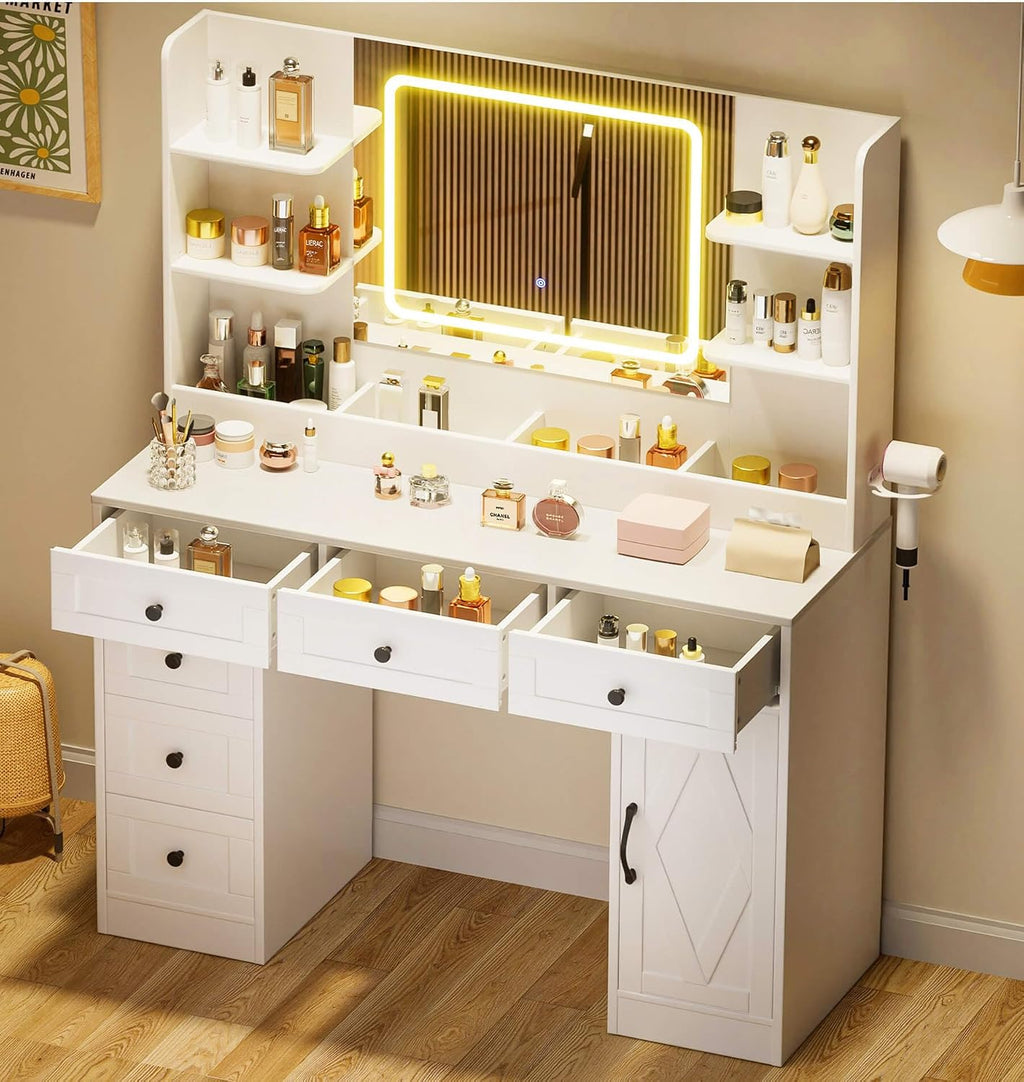 COMHOMA Makeup Vanity Desk with Mirror and Lights, Large Vanity Table with 6 Drawers & 1 Storage Cabinet, White Bedroom Dresser Table for Girls, 3 Color Modes Adjustable Mirror, White