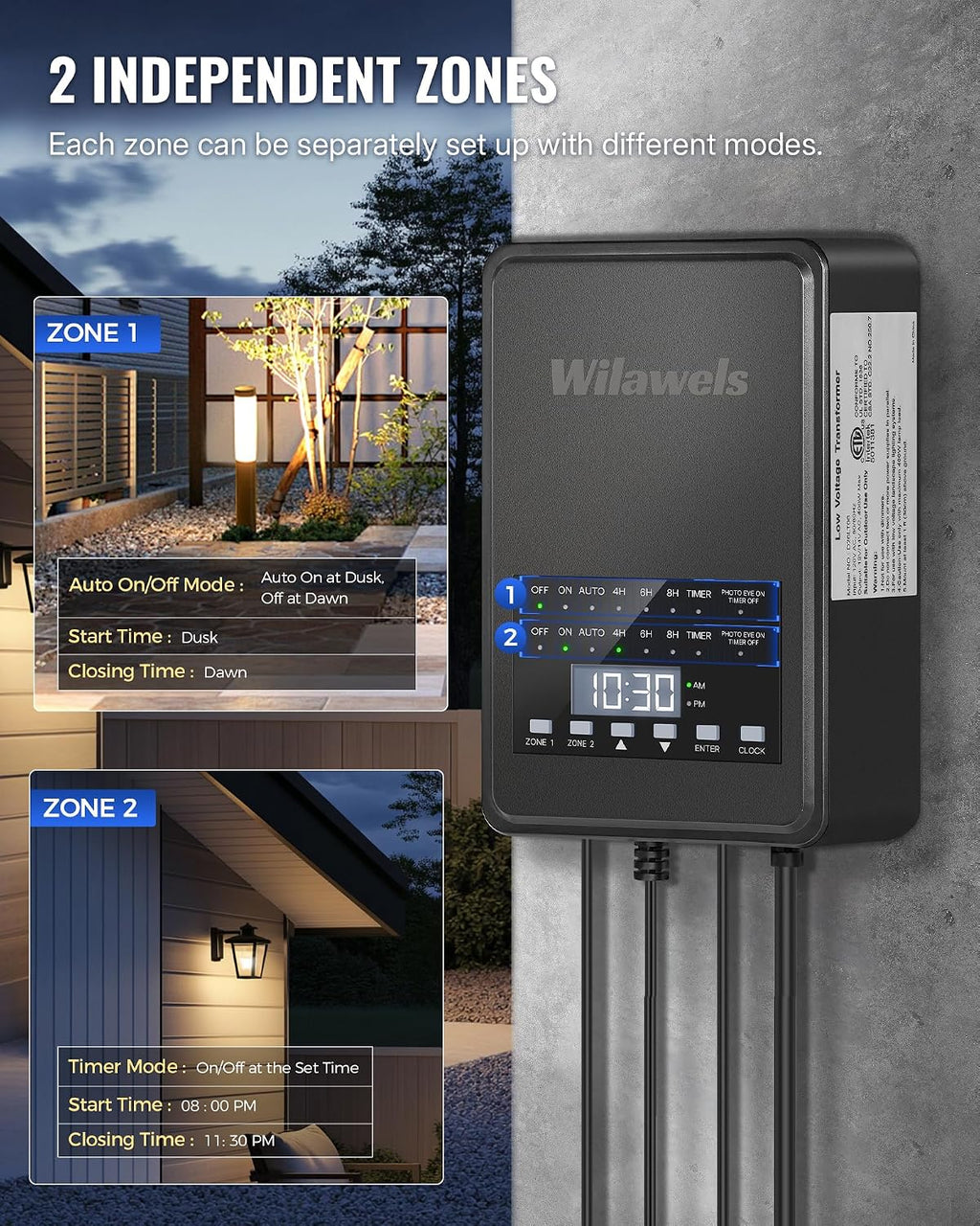 400W Low Voltage Landscape Transformer, 2 Zone Independent Control 120VAC to 12/14V AC Low Voltage Transformer, Landscape Lighting Transformer with Timer & Photocell Sensor ETL Listed D28LT06