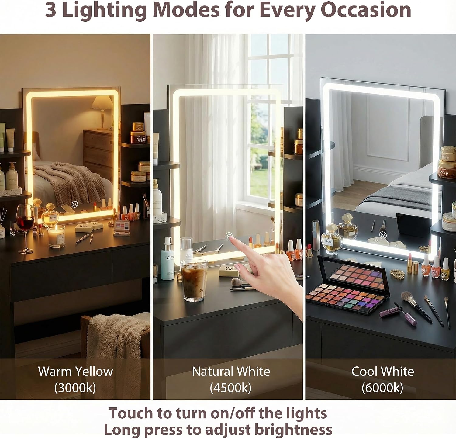 Furmax Vanity Desk with Mirror and LED Lights, Makeup Vanity Table with 3 Lighting Color, Adjustable Brightness, Vanity Table with 2 Drawers, Side Storage, for Bedroom (Black, No Bench)