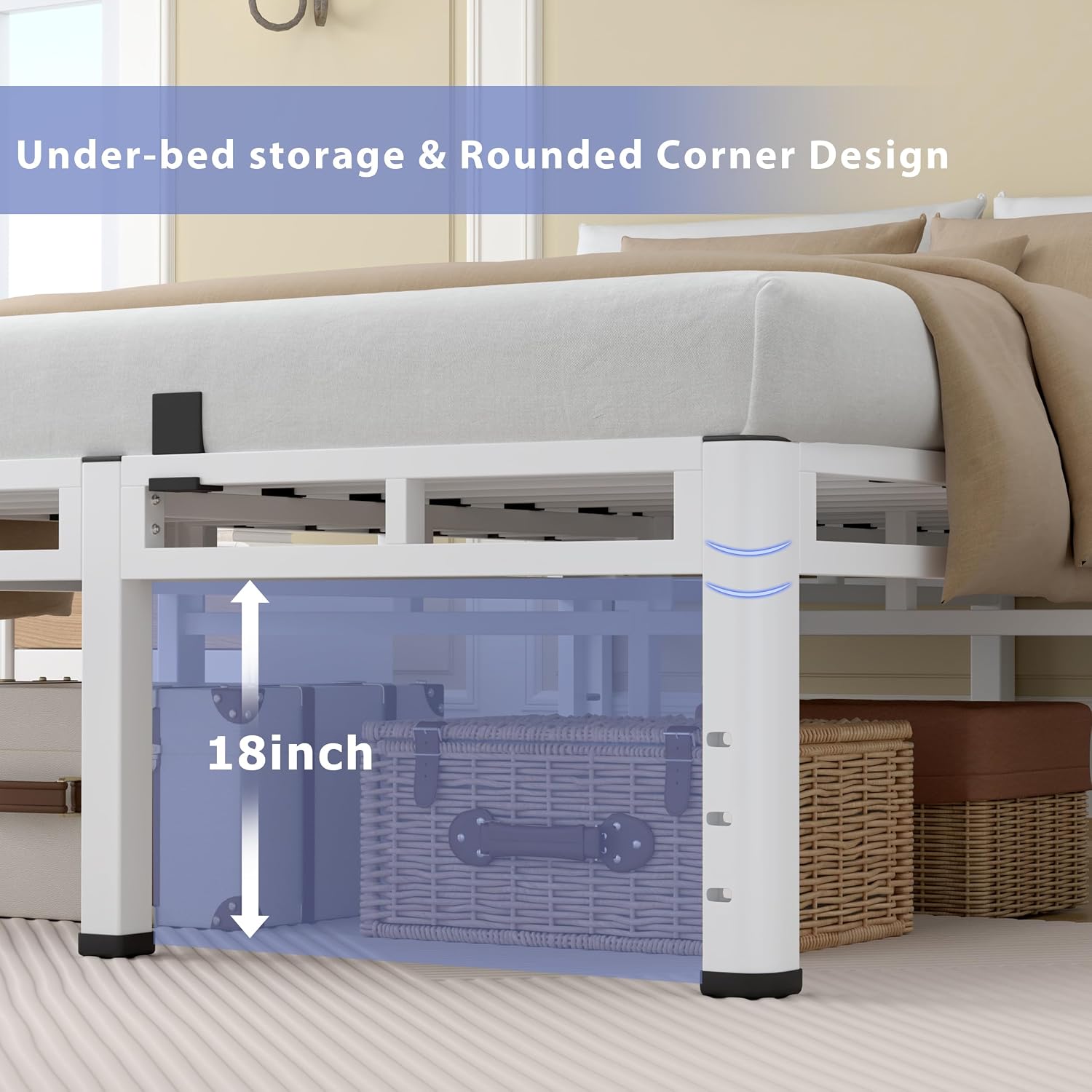 NKZ 22 Inch Queen Size Bed Frame, Metal Bed Frame & Box Spring 2 in 1 Platform with Round Corner Legs, 4000Lbs Heavy Duty Metal Frame, Mattress Slide Stopper, Headboard Hole, Noise-Free, Easy Assembly