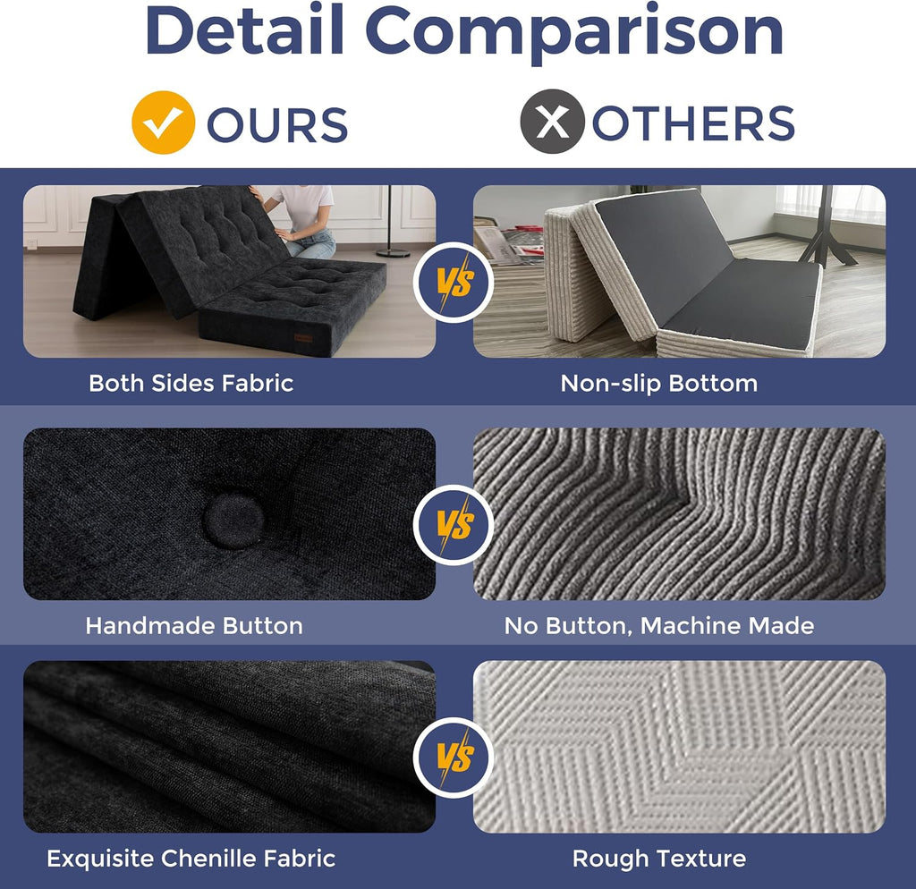 MAXYOYO 6' Folding Sofa Bed for Floor, Tufted Tri-Fold Floor Mattress with Chenille Fabric, Queen Size Portable Sofa Couch Guest Mat for Adults, Foldable Topper for Camping, Black, 59'x78.7'