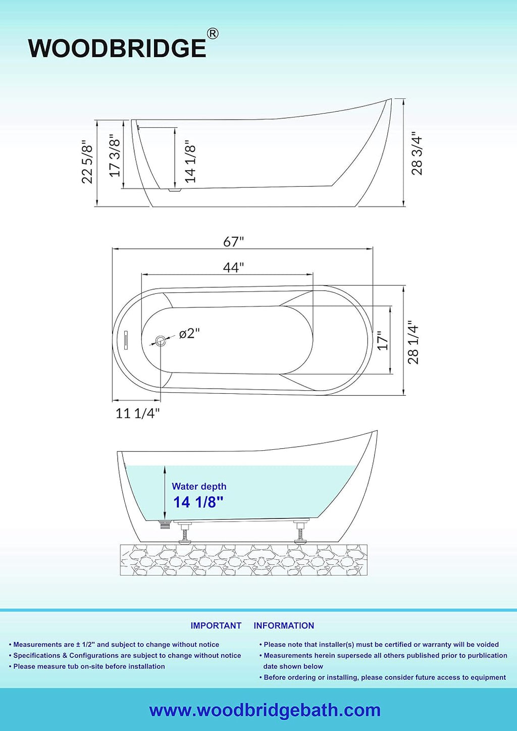 WOODBRIDGE 67'Freestanding White Acylic Soaking Bathtub with White Pillow,Drain and Overflow in Brushed Gold,BTA1508 -BG-Drain &O+ Pillow