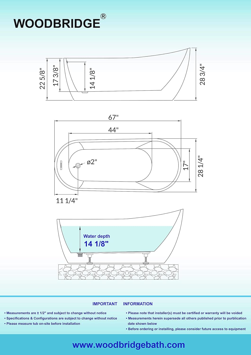 WOODBRIDGE 67'Freestanding White Acylic Soaking Bathtub with White Pillow,Drain and Overflow in Brushed Gold,BTA1508 -BG-Drain &O+ Pillow