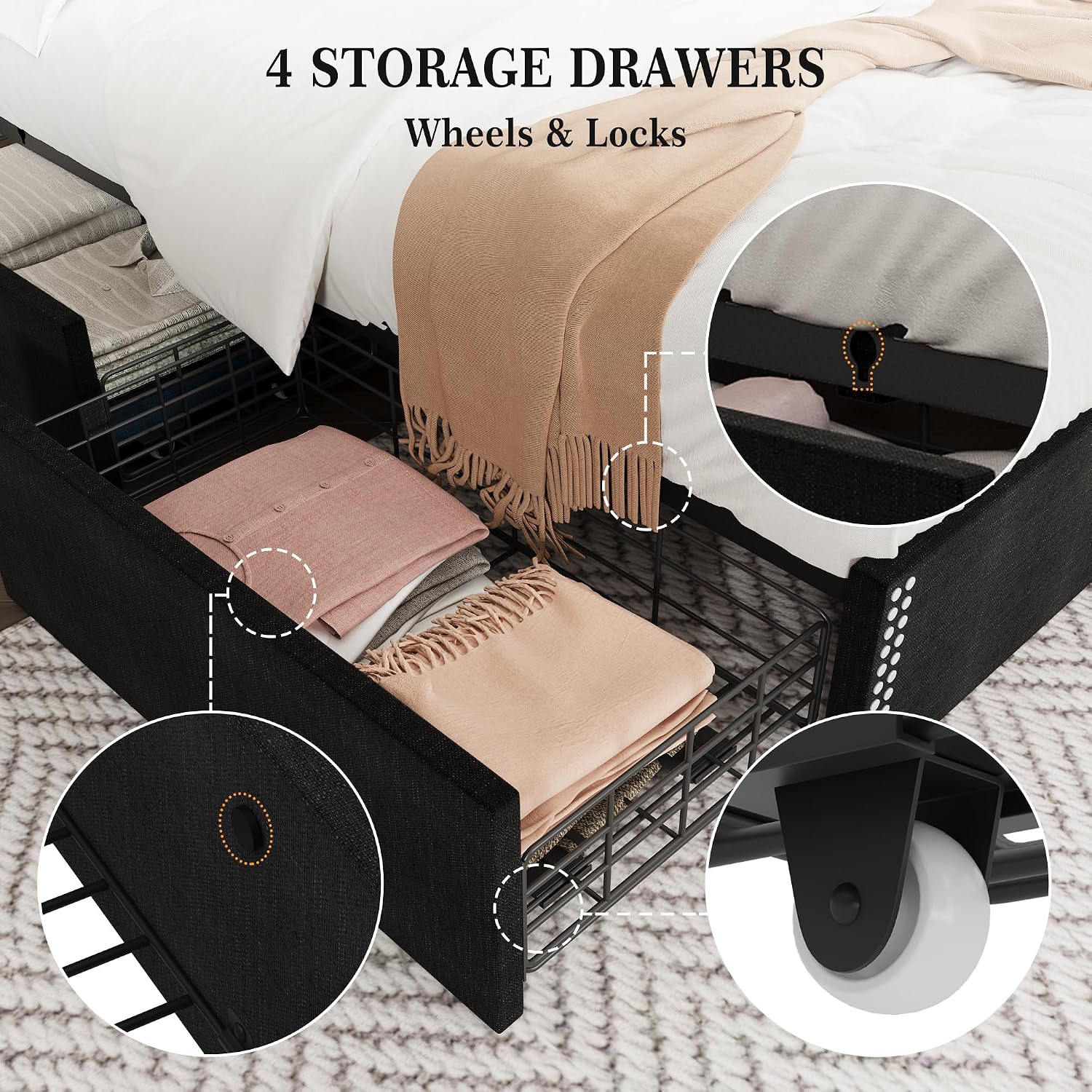 Upholstered Full Bed Frame with 4 Storage Drawers，Wingback Headboard with Charging Station, Diamond Stitched Button Tufted Design, No Box Spring Needed, Black