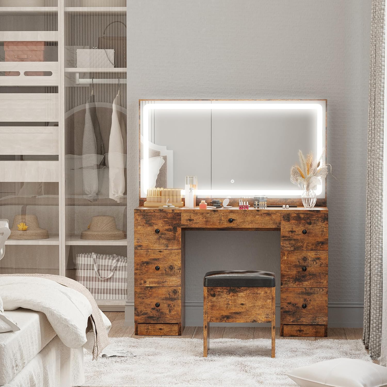 IRONCK Vanity Desk Set with Large LED Lighted Mirror & Power Outlet, 7 Drawers Vanities Dressing Makeup Table with Storage Bench, for Bedroom, Industrial Style Vintage Brown