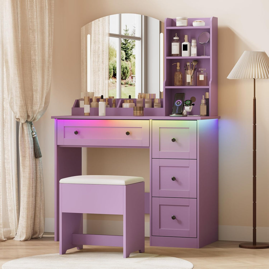 App & Button Controlled RGB Vanity with Arc Mirror, Small Makeup Vanity Table Set with Drawers & Chair, 3 Lighting Modes & Adjustable Brightness with Power Outlet, Vanity for Women Girls Bedroom