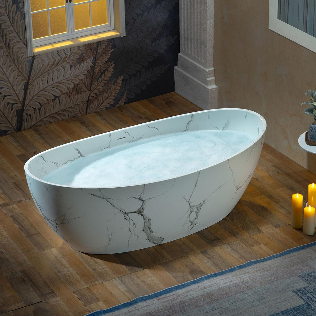 WOODBRIDGE 69' Marble-Pattern Stone Resin Freestanding Soaking Tub, Modern Oval Solid Surface Bathtub with Integrated Slotted Overflow & Drain, Matte Finish, CST0715