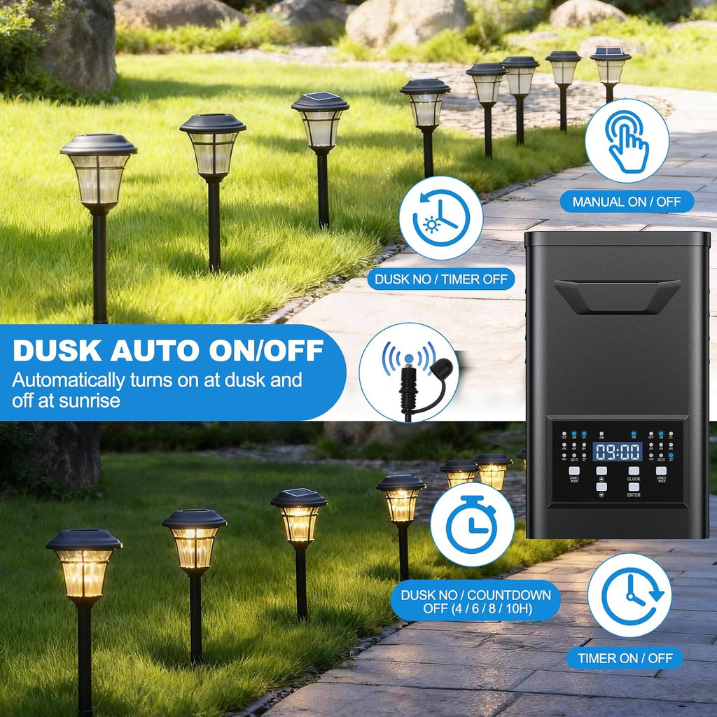 600W Low Voltage Landscape Transformer with 2 Zones, Timer & Photocell for Landscape Lighting, 120V to 12V/15VAC, Stainless Steel, Weatherproof for Outdoor Landscape Lights,Yard, Garden