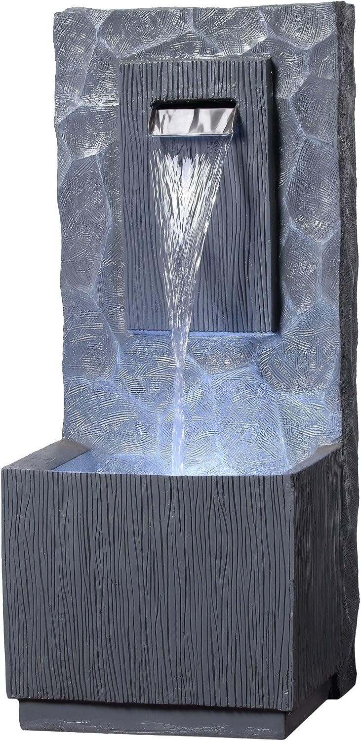 Teamson Home Spa Waterfall Outdoor Water Fountain–Cool Glow Lighting with Adjustable Flow & Electric Pump, Gray