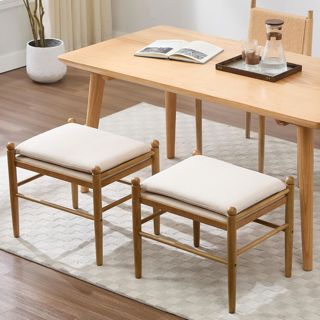 Ottoman Footrest, 19 Inch Upholstered Vanity Bench Seat, Backless Makeup Stool with Solid Wood Legs for Dining Room/Bedroom/Living Room/Entryway,Brown Frame/Beige Linen