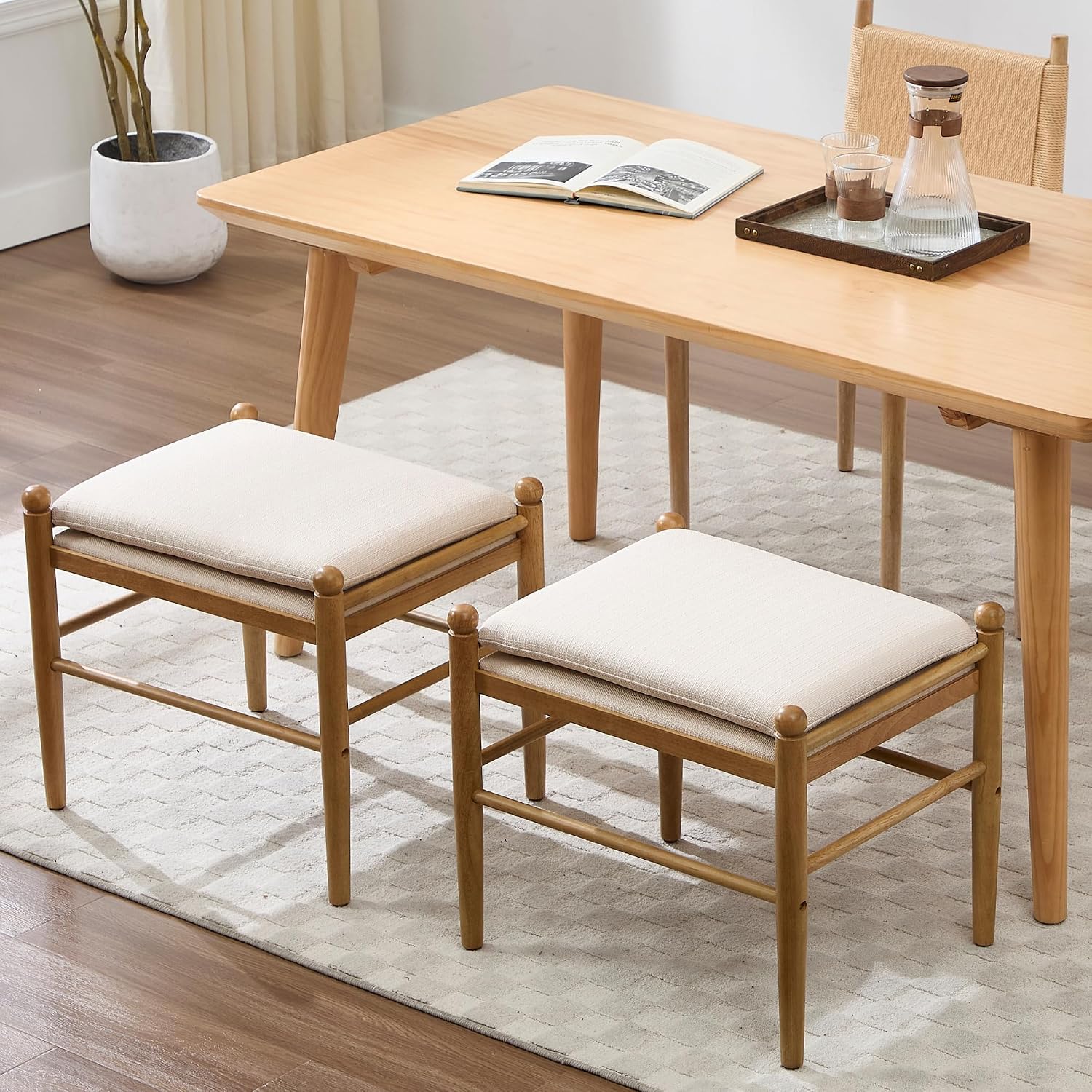 Ottoman Footrest, 19 Inch Upholstered Vanity Bench Seat, Backless Makeup Stool with Solid Wood Legs for Dining Room/Bedroom/Living Room/Entryway,Brown Frame/Beige Linen