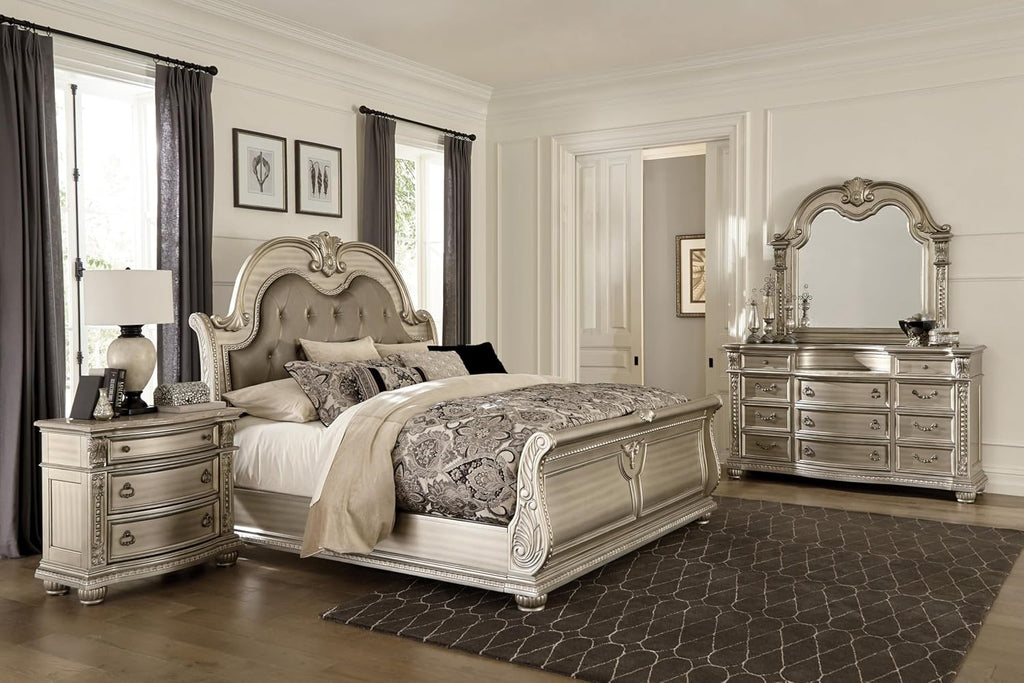 Traditional Classic 4 Pieces California King Size Set Silver Finish Faux Leather Upholstered Bed Classic Design Marble Top Formal Bedroom Furniture
