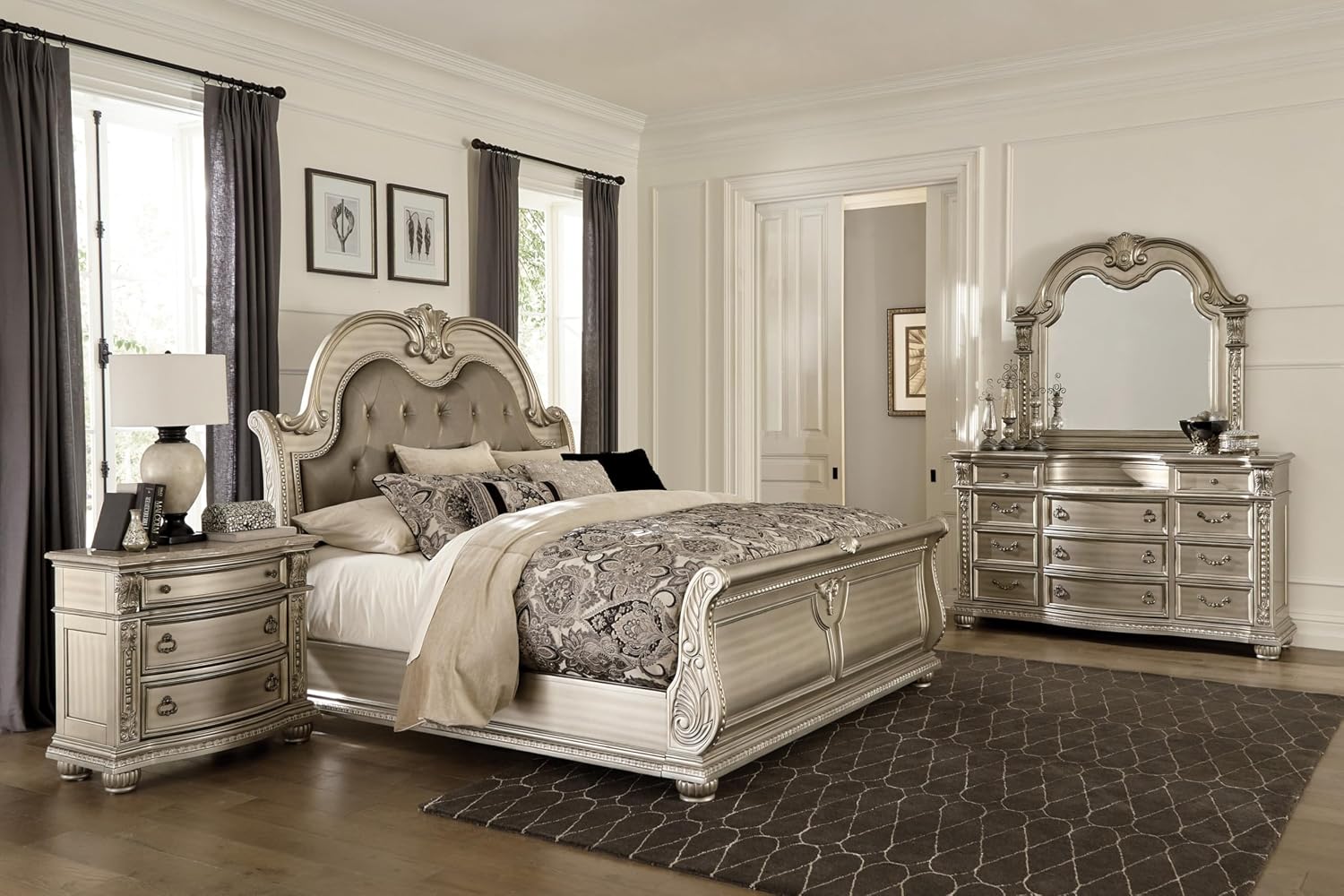 Traditional Classic 4 Pieces California King Size Set Silver Finish Faux Leather Upholstered Bed Classic Design Marble Top Formal Bedroom Furniture