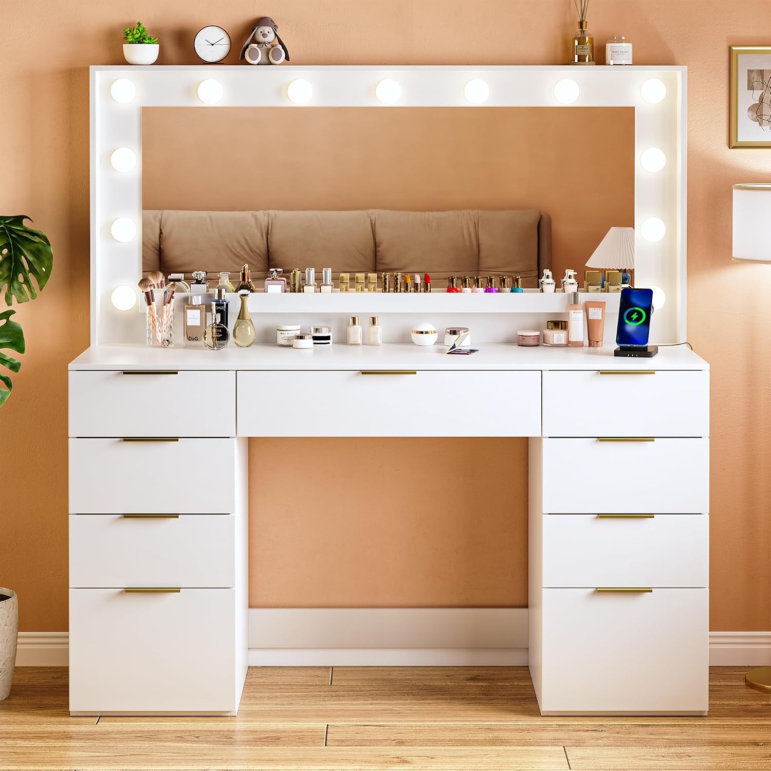 ALEXNUTRE Vanity Desk with Large Mirror and Lights, 45.3in Makeup Vanity with Power Outlet 9 Drawers & Storage, 3 Lighting Color Adjustable, White Vanity Desk for Bedroom