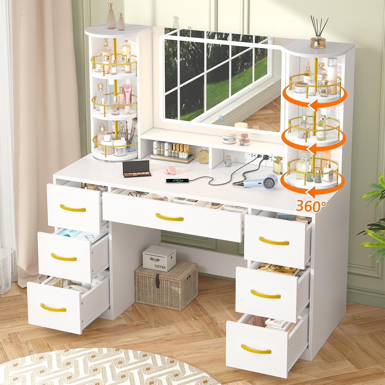 Vanity Desk with Mirror and Lights, White Makeup Vanity Table with 360° Rotating Shelves, Large Vanity Desk with 7 Drawers, Power Outlet, Dressing Table Set with Lighted Mirror Adjustable, for Bedroom