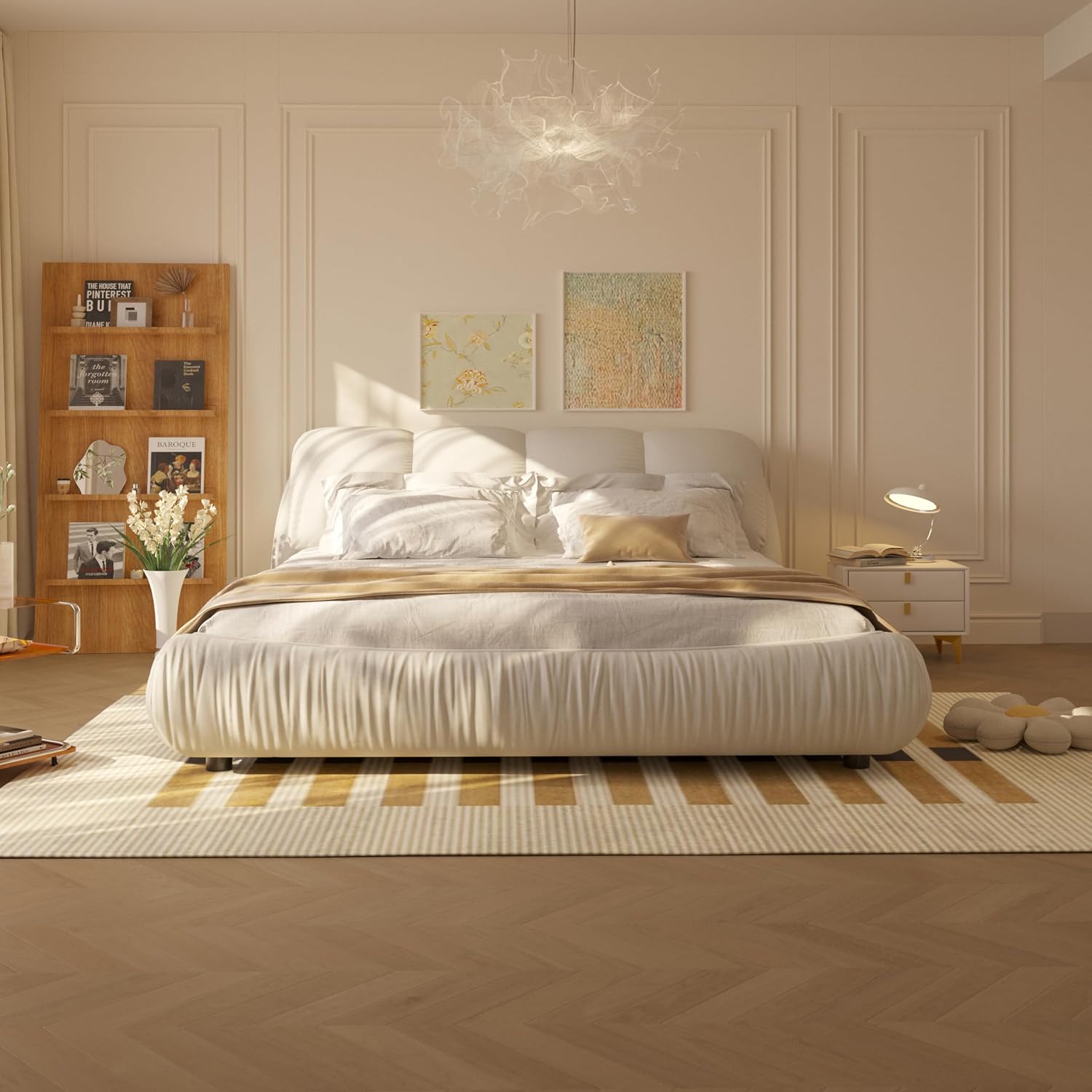 KEIKI Queen Size Upholstered Platform Bed with Oversized Padded Backrest,Thickening Pinewooden Slats and Metal Leg,Beige