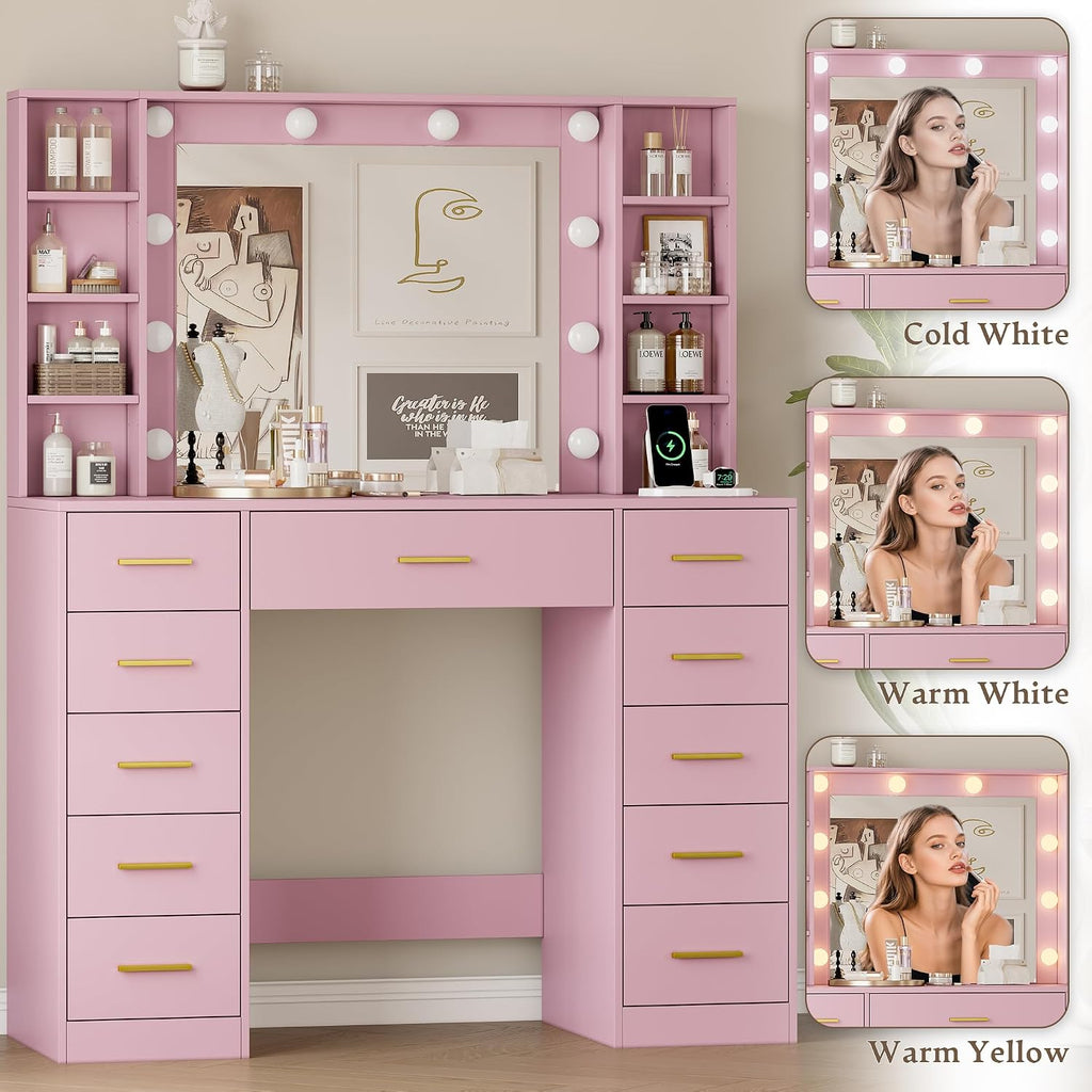 Wodeer Makeup Vanity with Drawers, 43' Pink Vanity Desk with Mirror and Lights, 11 Drawers & 4 Shelves, Power Outlet & Adjustable LED Lights, Dressing Table for Women & Girls Bedroom