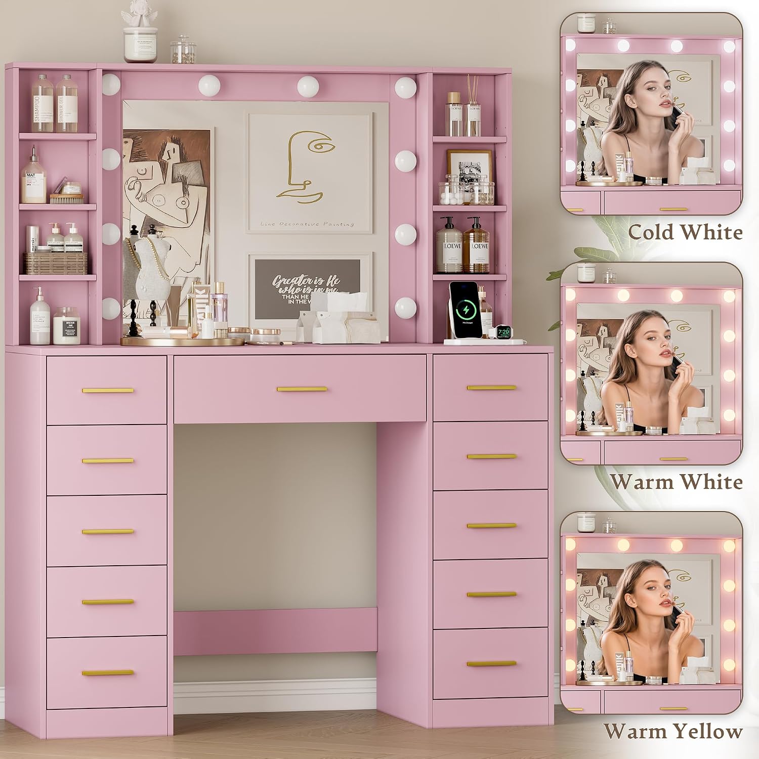 Wodeer Makeup Vanity with Drawers, 43' Pink Vanity Desk with Mirror and Lights, 11 Drawers & 4 Shelves, Power Outlet & Adjustable LED Lights, Dressing Table for Women & Girls Bedroom