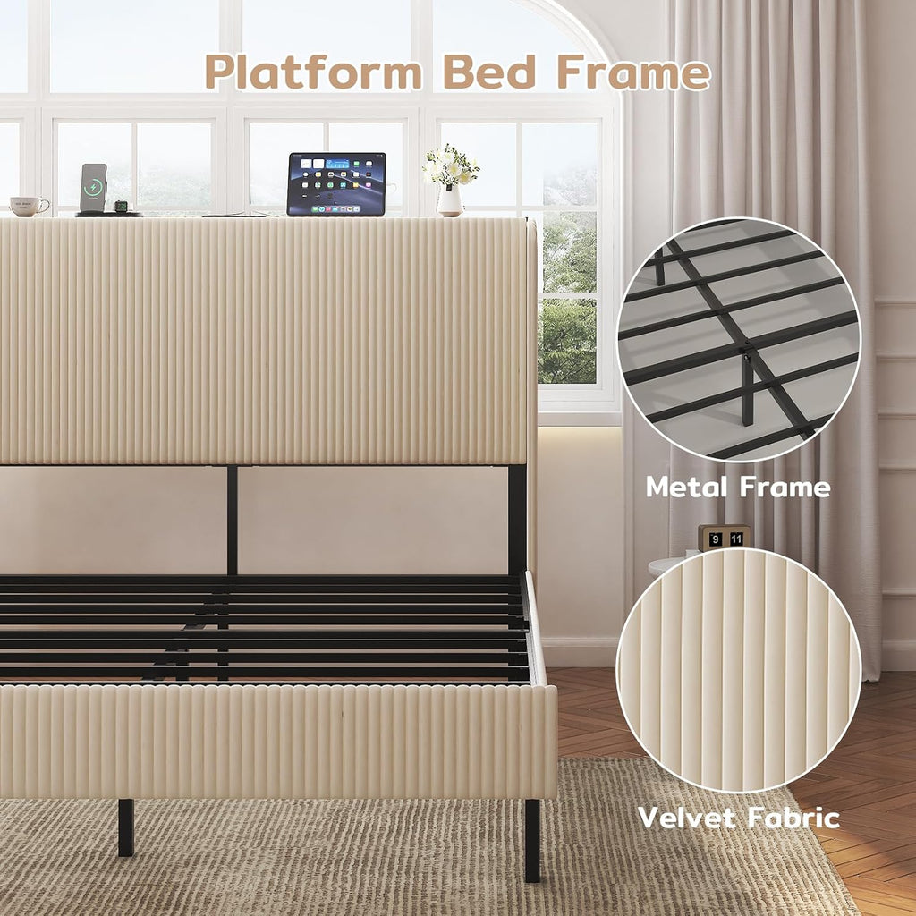 Zevemomo Queen Size Bed Frame with Headboard, Velvet Wingback Storage Headboard, Queen Platform Bed Frames with Charging Station & LED Light, Underbed Storage Space, Beige