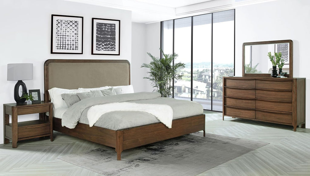 Coaster Home Furnishings Maderia Transitional 4-Piece Bedroom Set Fabric Upholstered Queen Size Panel Bed Frame 57-inch Headboard Walnut 223321Q-S4