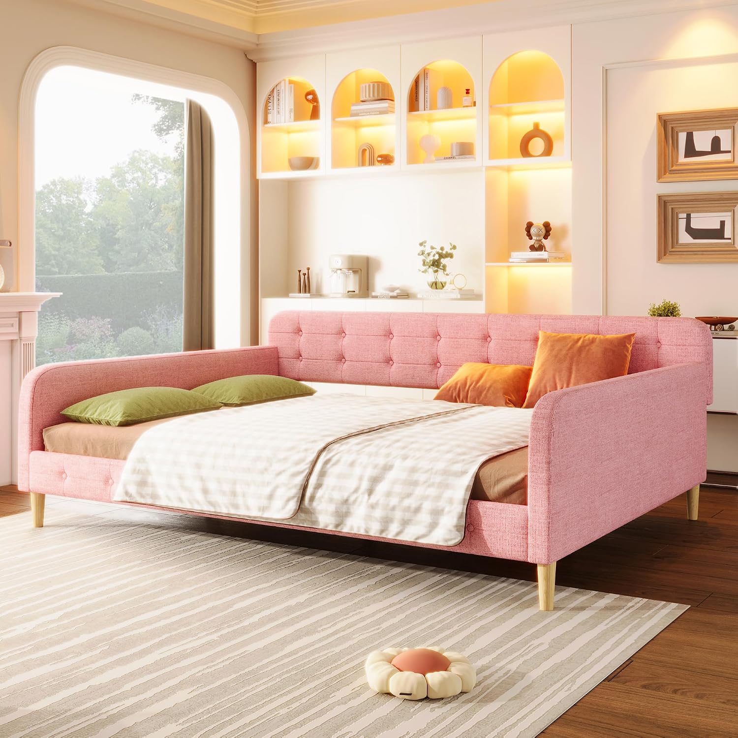 Merax 85' Queen Size Linen Upholstered Daybed with 4 Support Legs,Pink