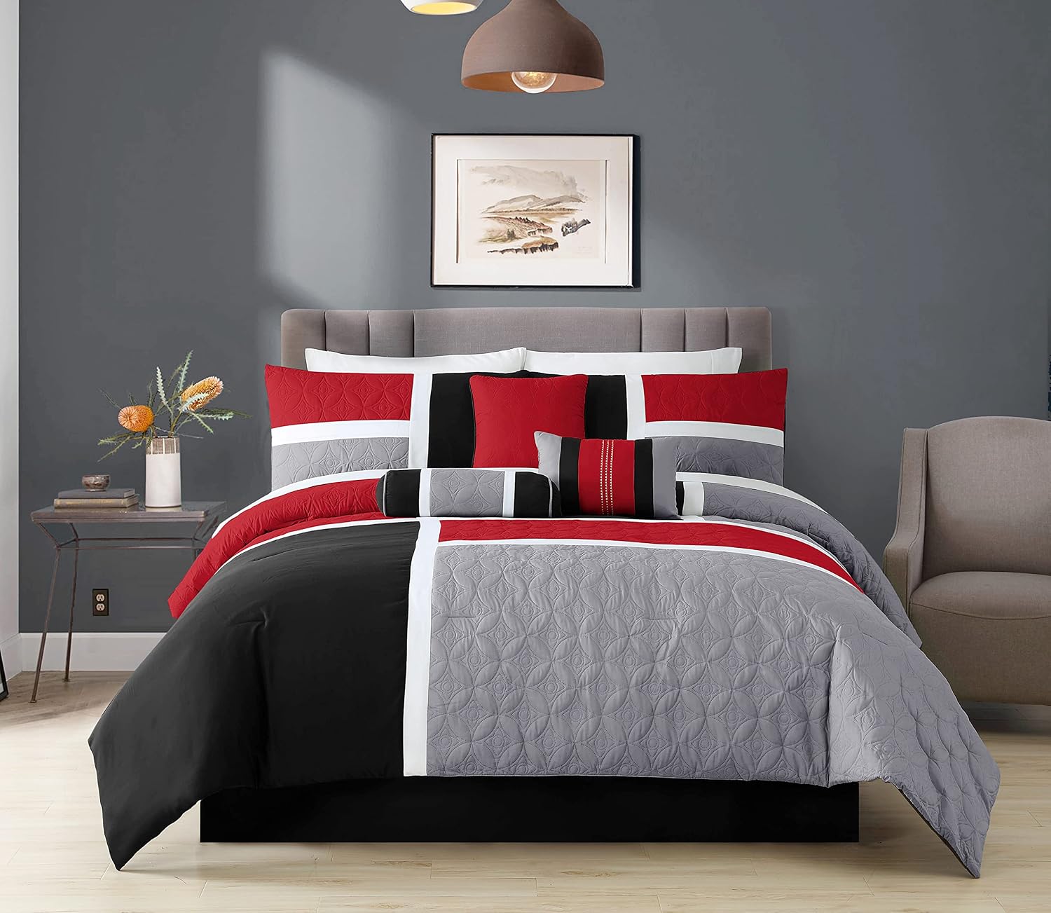 Chezmoi Collection Upland 7-Piece Quilted Patchwork Comforter Set, Red/Gray/Black, Oversized King