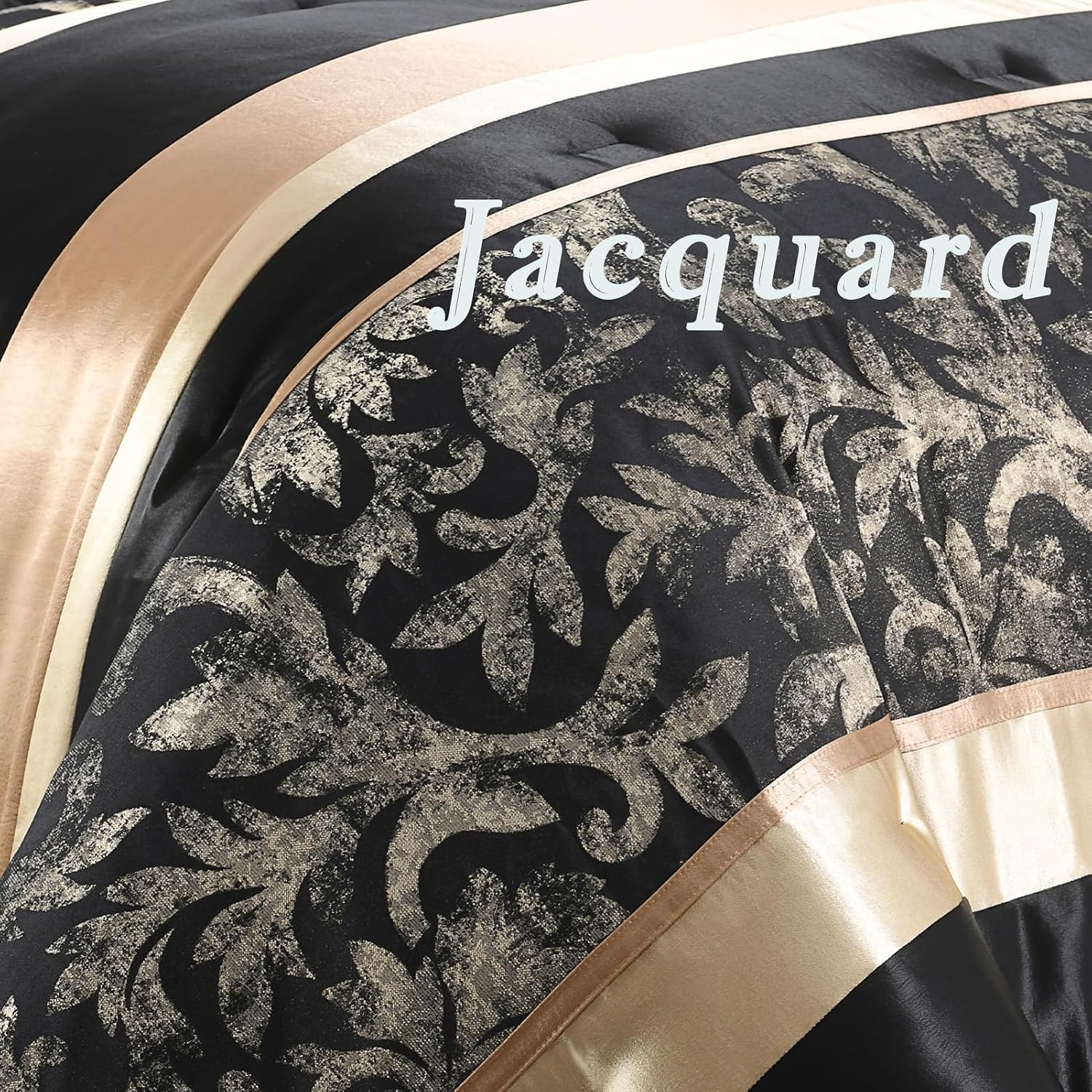 SahSahCasa 7-Piece Luxury Queen Comforter Set, Bed in a Bag Queen, Black and Gold Fluffy Bedding Comforter Set with Bed Skirt, Decorative Pillows and Shams, Down-Alternative Thick Jacquard Comforter