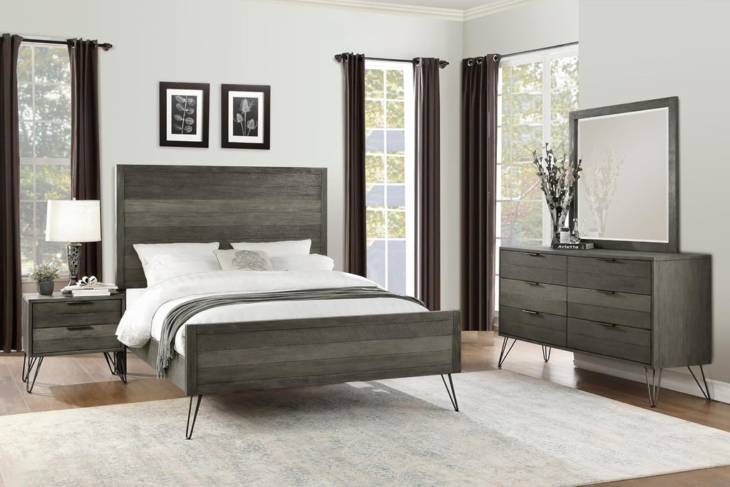 5-Piece Modern California King Size Bed Set Panel Gray Finish Solid Acacia Wood Metal Legs Bedroom Furniture