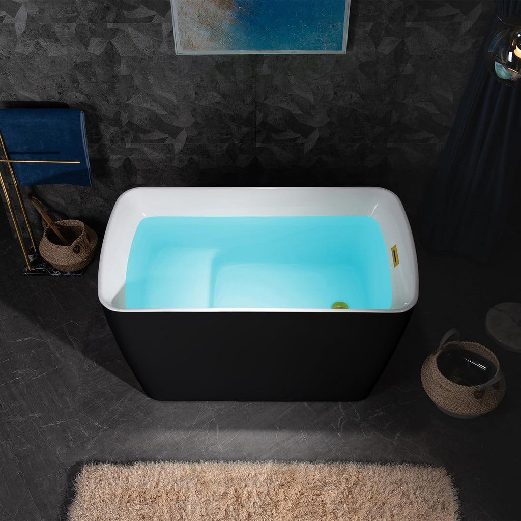 WOODBRIDGE 48' Acrylic Freestanding Square Shape Janpanese Soaking Tub with Pre-molded Seat and Brushed Gold Pop-UP Drain and Overflow Option, Black, B1870-BG