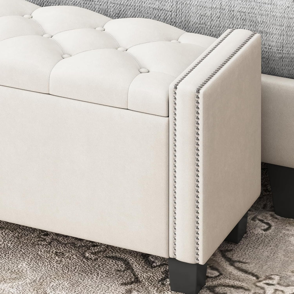 VilroCaz Exquisite 4-Pieces Bedroom Sets Queen Size Upholstered Bed Frame with Rivet Design Headboard, 2 Nightstands and Tufted Storage Ottoman (Beige-v4)
