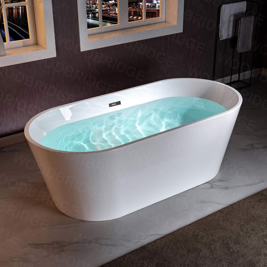 WOODBRIDGE 67' Acrylic Freestanding Bathtub Contemporary Soaking White Tub with Oil-Rubbed Bronze Overflow and Drain，B0013-ORB