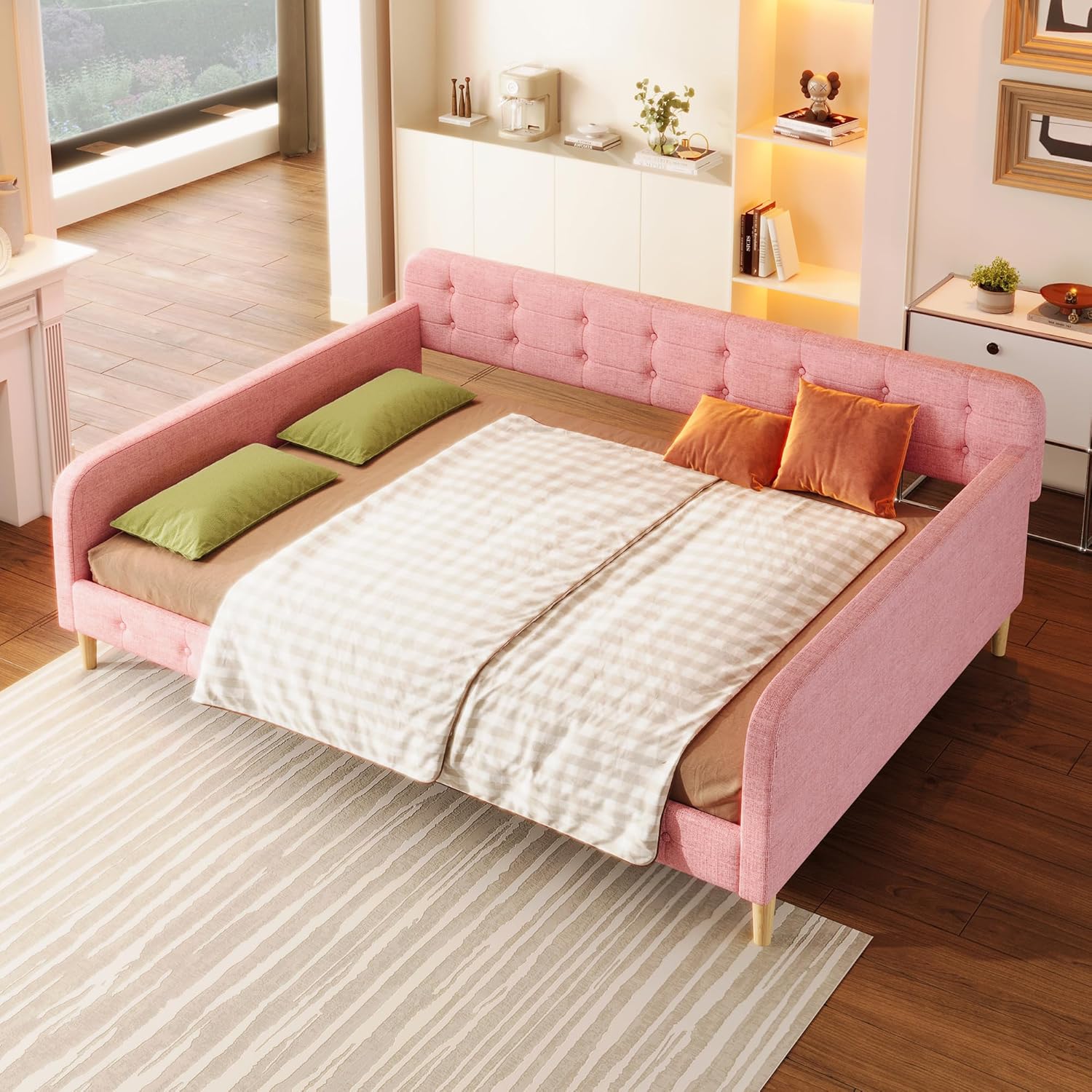 Merax 85' Queen Size Linen Upholstered Daybed with 4 Support Legs,Pink